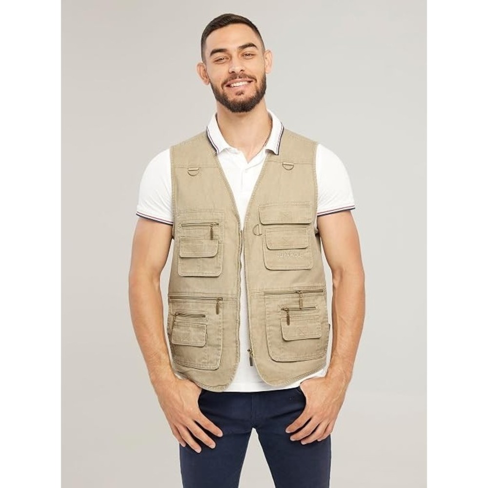 Men's Utility Work Hunting Travel Fishing Multi-Pockets Outdoor Vests Khaki (M)